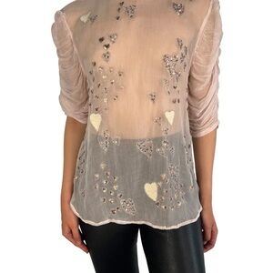 Free People Heart Embellished Sheer Pink Top